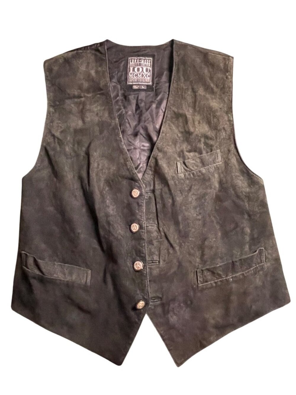 Vintage I.O.U MCMXC Euro-Mode Mens Black Leather Button-Up Vest L With Pockets